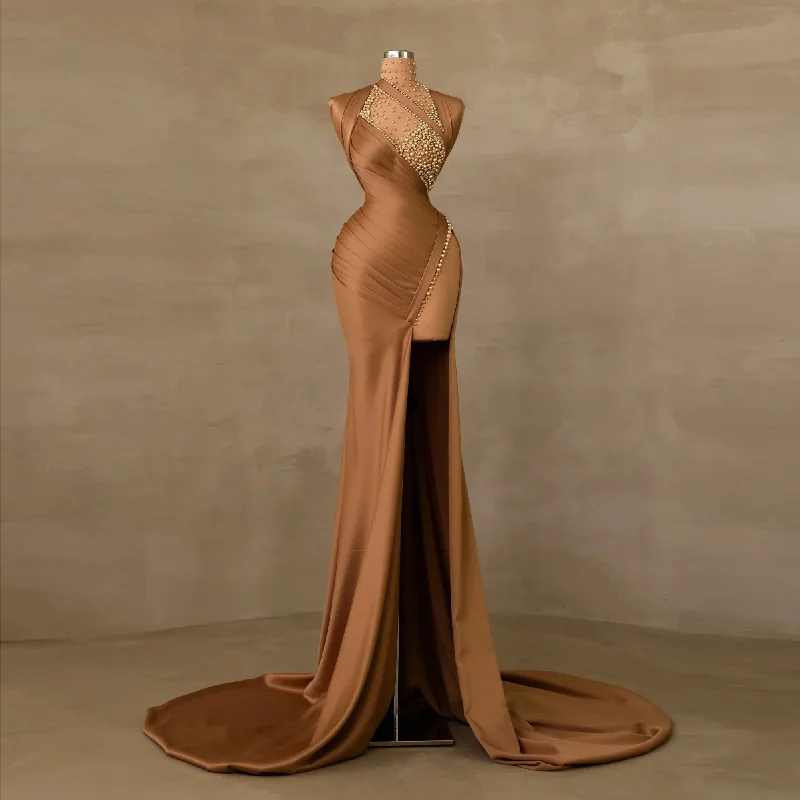 Modest khaki Pearls Satin Evening Dresses Long Sweep Train Deep Slit Formal Dress