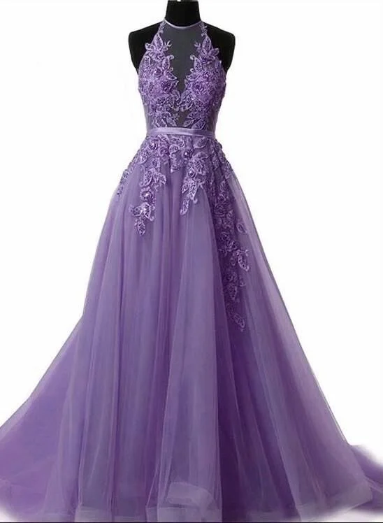 Light PurpleHalter Neck Lace Prom Dress with Sweep Train, Backless Evening Gowns C386