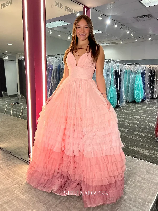 Spaghetti Straps Ombre Ball Gowns Ruffles Tulle Long Prom Dress sew1101
