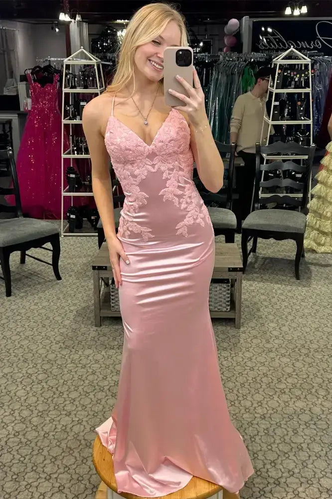 Pink V-Neck Spaghetti Straps Appliques Mermaid Prom Dress
