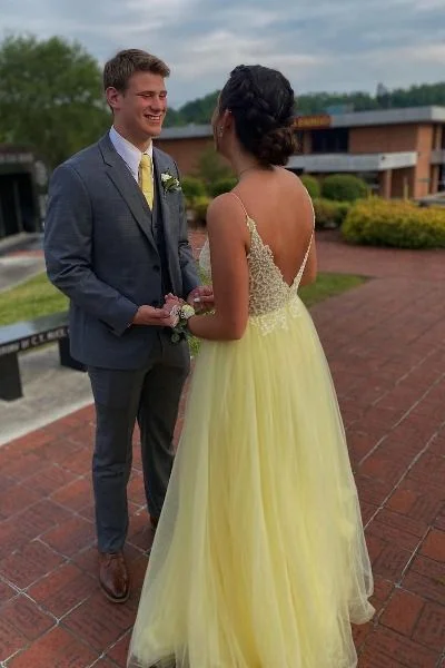 V-Neck Backless Yellow Long Prom Dress        cg23663