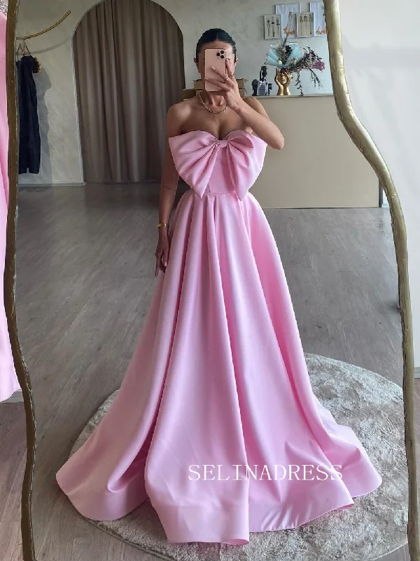 Pink Strapless Long Prom Dress With Bow Cheap Satin Ball Gown Formal Gowns SEW1255