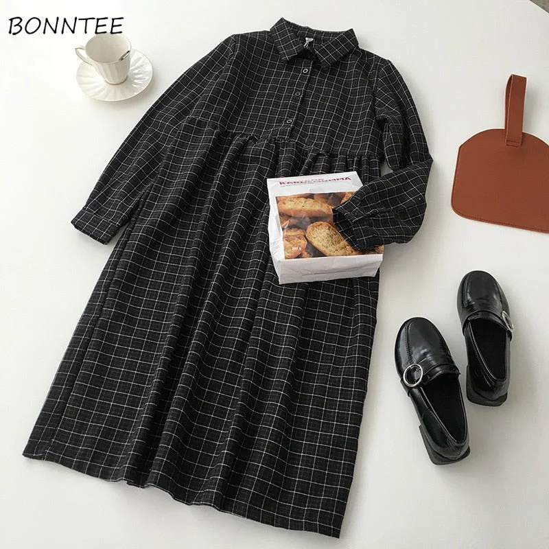 Dress Women Casual A-Line High-quality High Waist Button Plaid Soft All-match Spring Korean Style Comfortable Long Sleeve Lovely Dress Women Casual A-Line High-quality High Waist Button Plaid Soft All-match Spring Korean Style Comfortable Long Sleeve Lovely