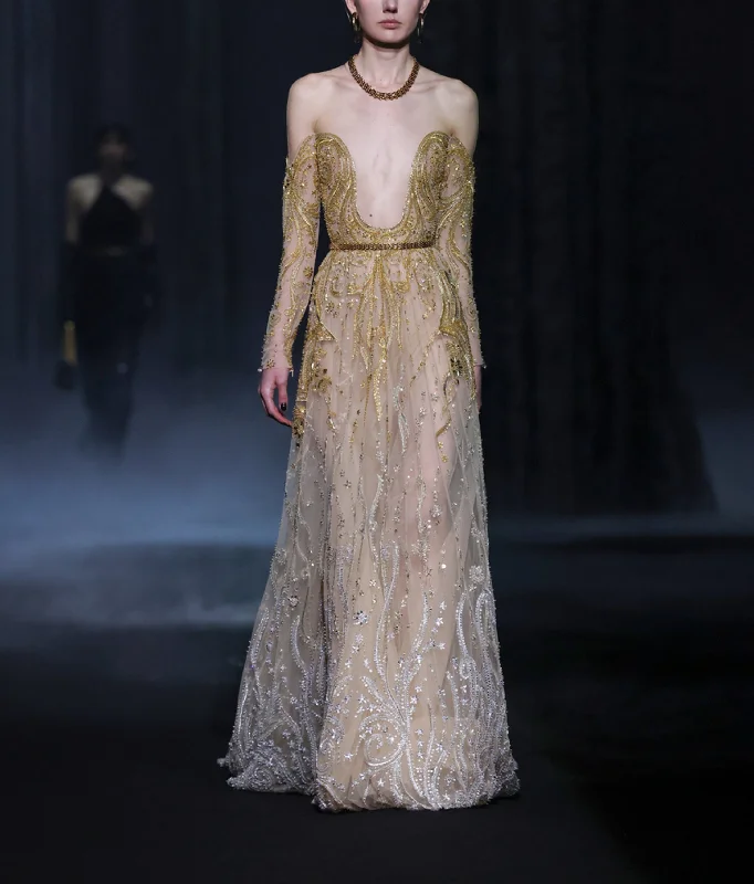 Nude Golden Beaded Tulle Dress