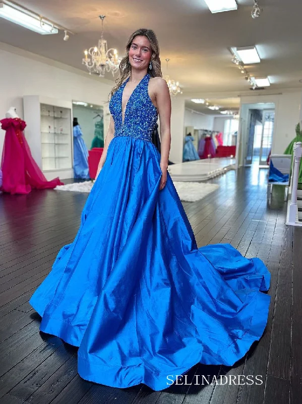 A-line Halter Royal Blue Beaded Long Prom Dress Evening Dress SEW1163