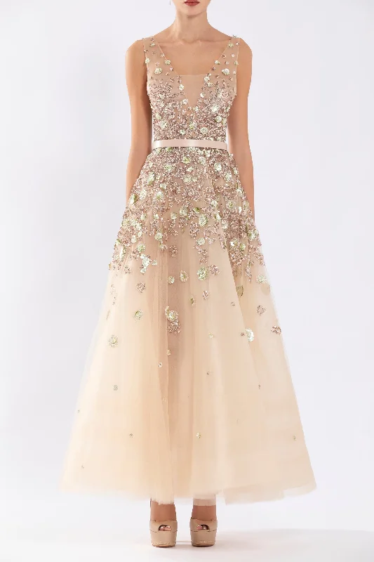 Tulle, ankle length dress with dotted beading