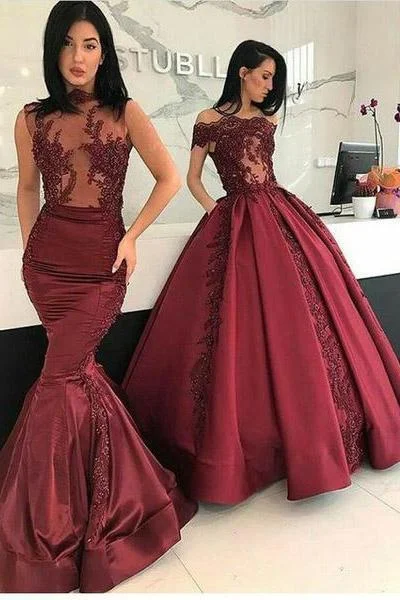 Burgundy Long Affordable Appliques Mermaid Lace Appliques Prom Dresses