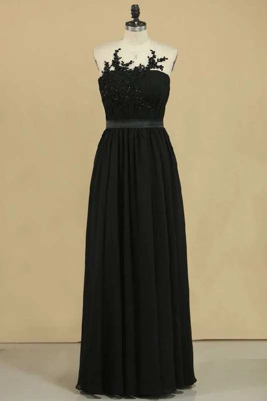 2024 Black Scoop A Line Evening Dresses Chiffon With Sash & PJATDEAK