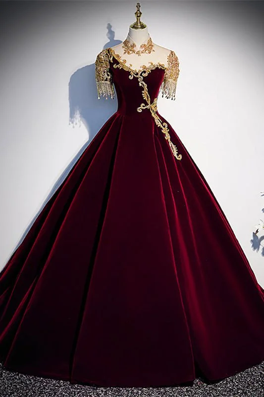 A-line Illusion Neck Lace-Up Velvet Long Formal Dress with Gold Adornment