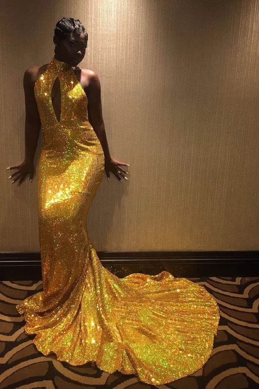 Amazing Mermaid Gold Key Hole High Neck Backless African American Long Prom Dresses cg23409 Amazing Mermaid Gold Key Hole High Neck Backless African American Long Prom Dresses cg23409