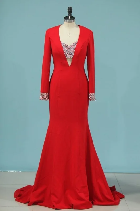 2024 Evening Dresses Long Sleeves Mermaid Satin With Beads PPK4SZ6B