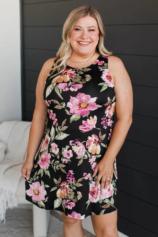 Leave Them Wondering Floral Dress- Black