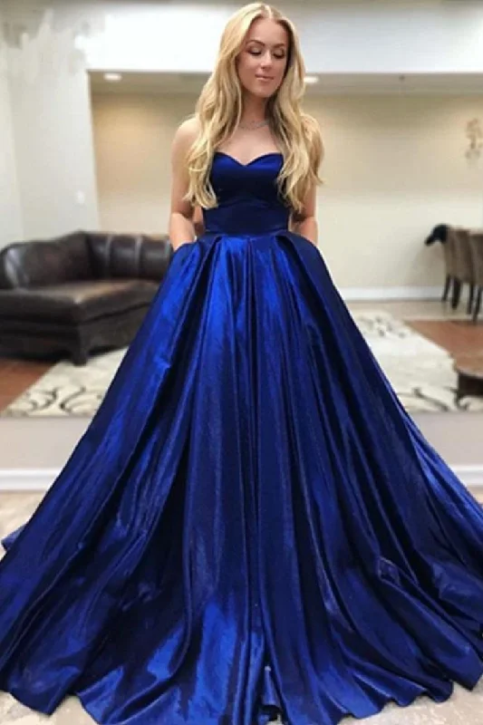 A Line Satin Sweetheart Strapless Prom Dresses With Pockets Evening STIPEXZJBPY