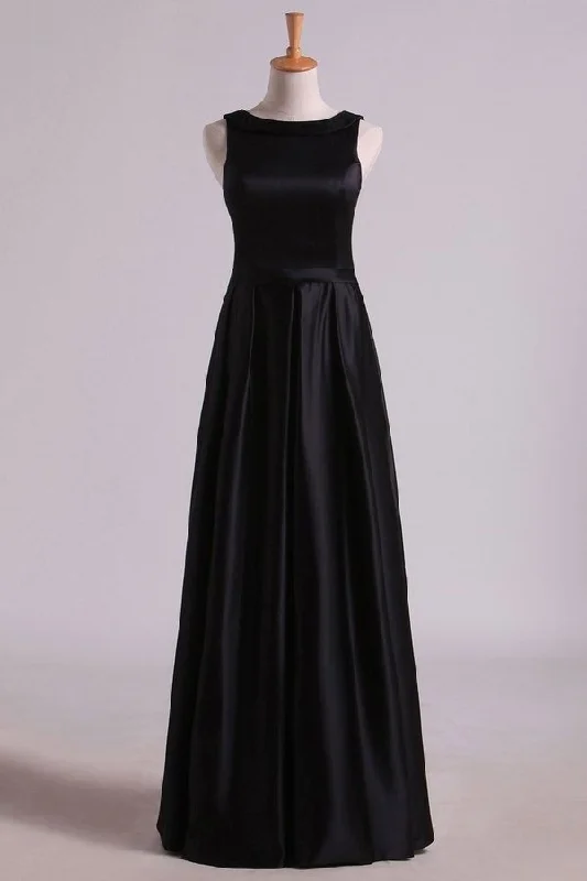 2024 Black A Line Evening Dresses Cowl Neck Floor Length Satin With PLDXJQ74