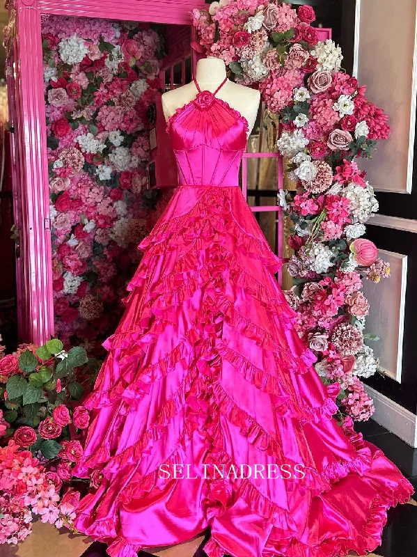 Spaghetti Straps Halter Neck Cheap Ball Gown Tiered Long Prom Dress SEW1253