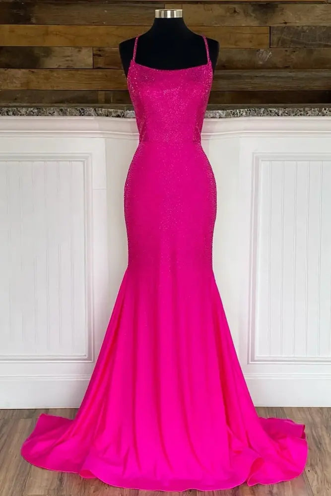 Bateau Spaghetti Straps Satin Beaded Mermaid Prom Dress