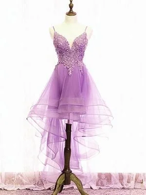 Purple High Low Lace Prom Dresses, Light Purple High Low Lace Formal Homecoming Dresses C600
