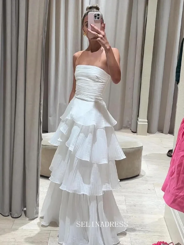 A-line Strapless Multi-layer Evening Dresses Long White Prom Gown sew1090