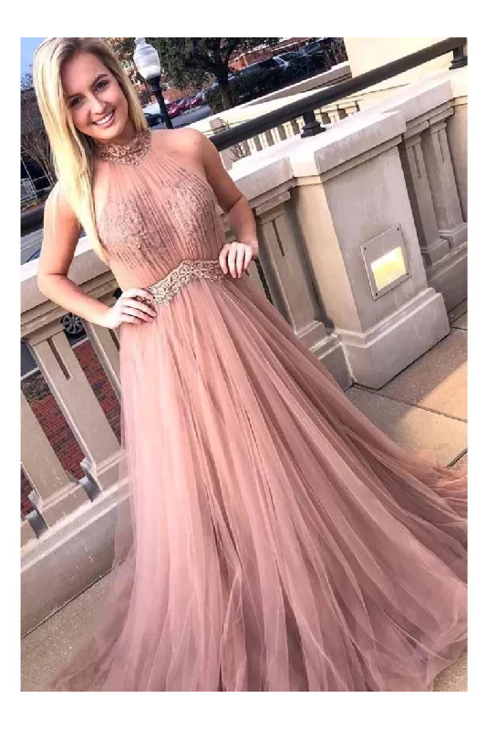 Chic Halter Formal Prom Dress Tulle Appliques A Line Evening STIPYARAC2F
