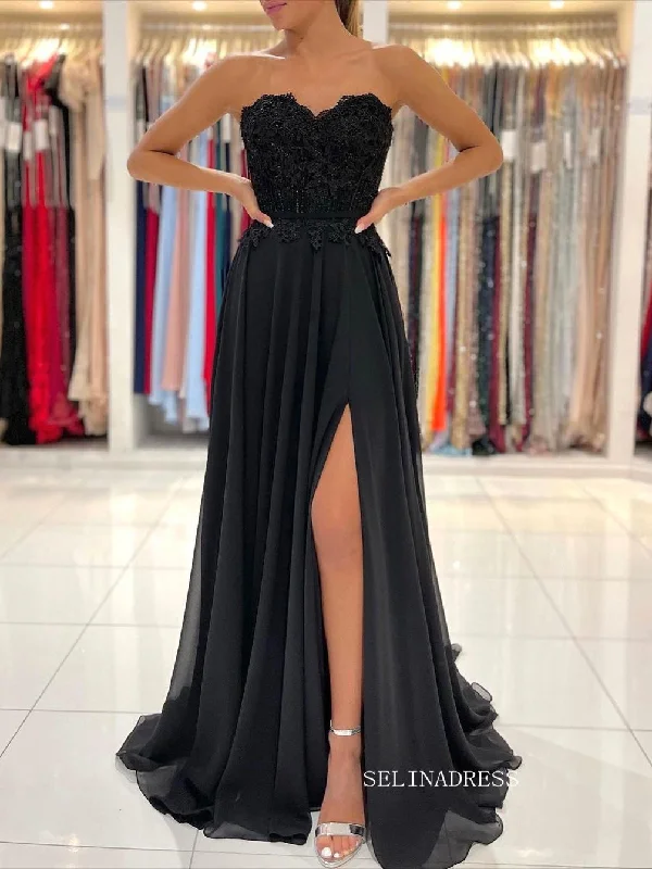 A-line Sweetheart Black Lace Beaded Long Prom Dress With Split SEW12009