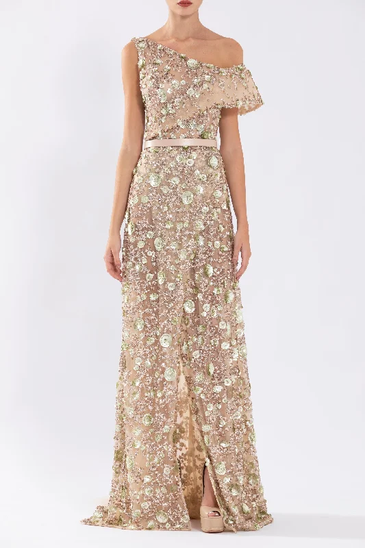 Tulle dress, with envelope skirt and off-shoulder sleeve and tulle tail