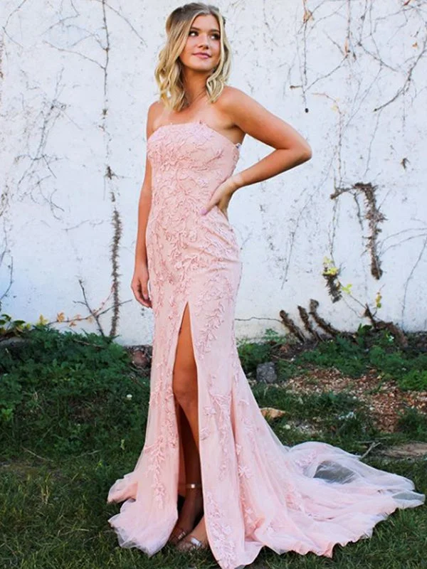 Simple Straight Side Slit Tulle Lace Evening Party Prom Dresses,SW1138