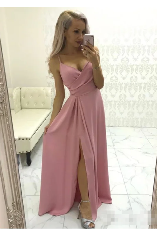 Simple Satin Evening Gown Spaghetti Straps Prom Dress With Pleats And High STIPMRMS38T