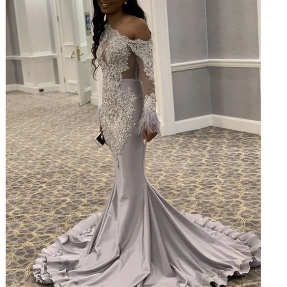 Sliver prom dresses, long sleeve prom dresses, lace prom dresses, feather prom dresses, arabic prom dresses C1308