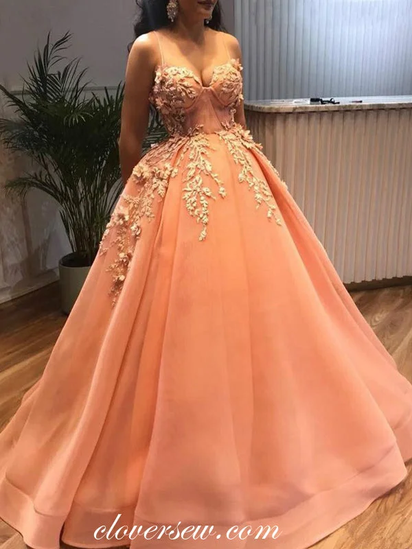 Stunning 3D Applique Peach Sweetheart Spaghetti Strap Ball Gown Prom Dresses, CP0553 Stunning 3D Applique Peach Sweetheart Spaghetti Strap Ball Gown Prom Dresses, CP0553