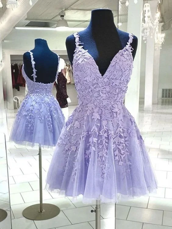 Short V Neck Purple Lace Prom Dresses, Short Purple Lace Formal Homecoming Dresses C1143