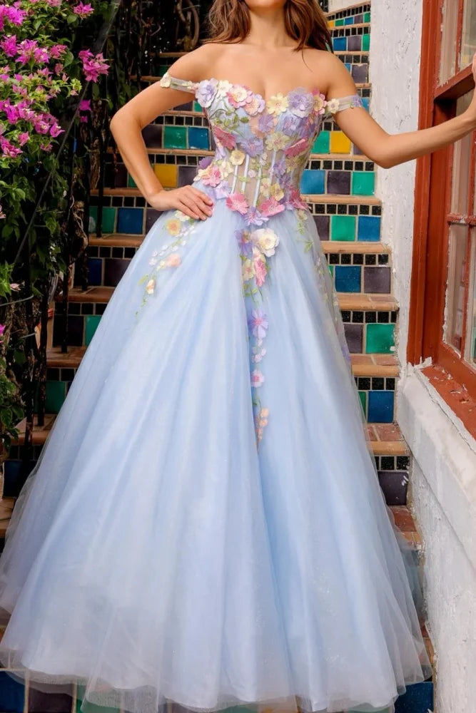 Off-Shoulder Tulle A-Line 3D Floral Empire Prom Dress
