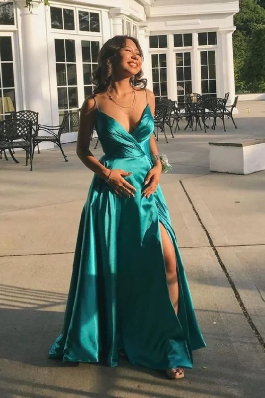 A-line green satin long prom dress features with spaghetti straps        cg23666