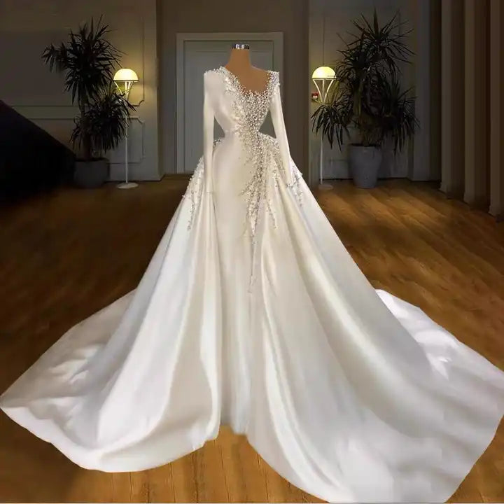 Long Sleeve mermaid Bridal gown with detachable Train Prom Dresses      cg23399