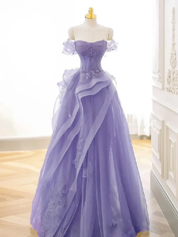 A-Line Off Shoulder Tulle Lace Purple Long Prom Dress, Purple Lace Long Formal Dress cg25024 A-Line Off Shoulder Tulle Lace Purple Long Prom Dress, Purple Lace Long Formal Dress cg25024