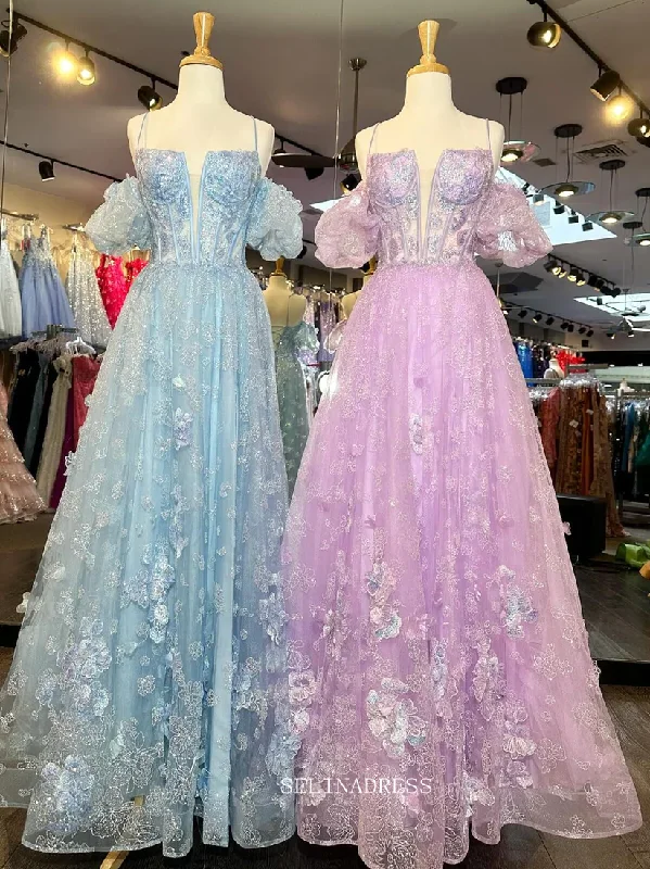 A-line Off-the-shoulder Floral Lace V neck Long Prom Dress sew1053