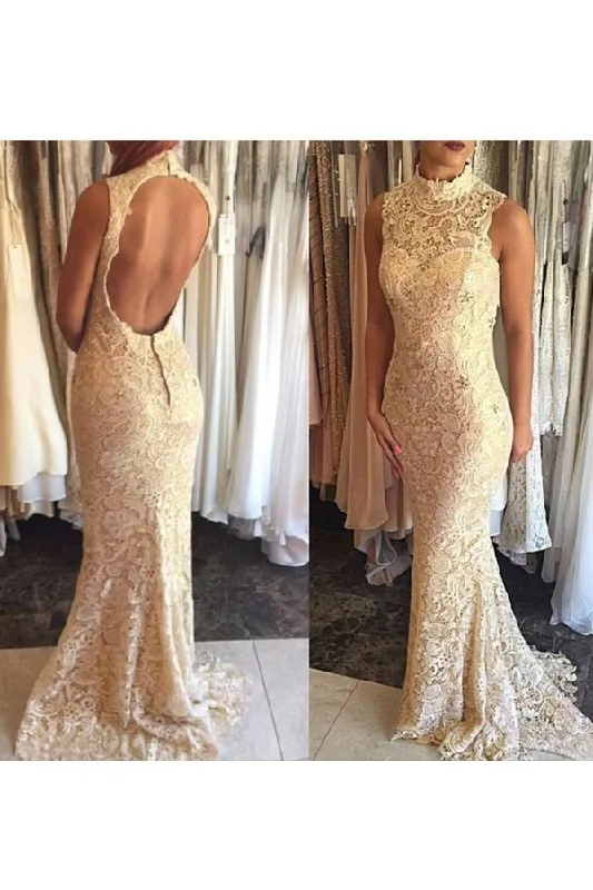 2024 Evening Dresses High Neck Lace Mermaid Sweep Train P92P2163