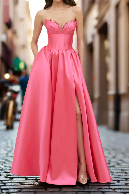 Chic Satin A-Line Sweetheart Strapless Beaded Party Prom Dress