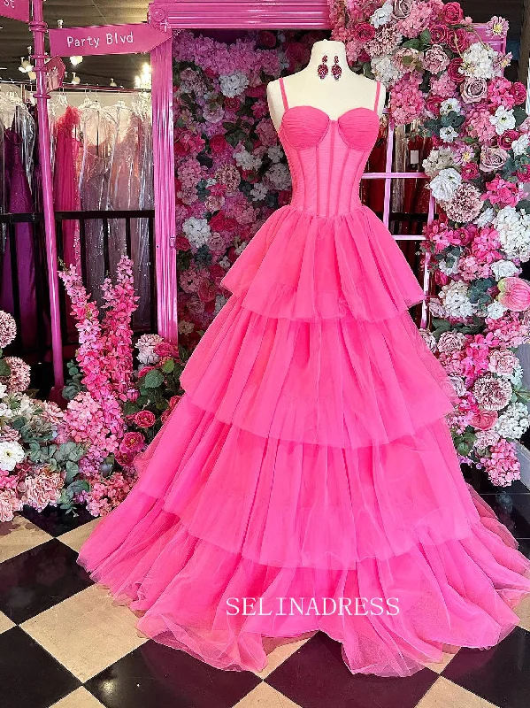Spaghetti Straps Hot Pink Ball Gown Tiered Tulle Long Prom Dress SEW1250