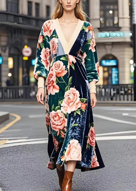 Plus Size Colorblock V Neck Patchwork Print Silk Velvet Dresses Spring