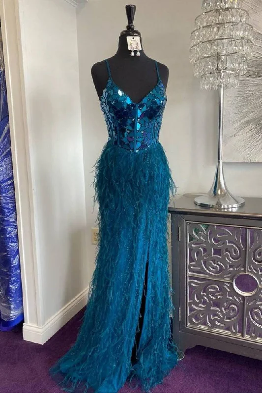 V-Neck Sleeveless Beaded And Feathers Formal Prom Dress