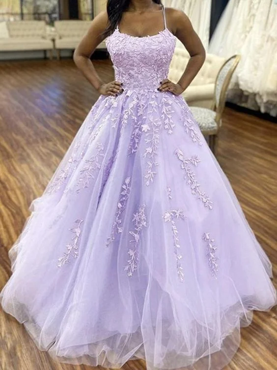 Purple Tulle Long Lace Prom Dresses, Open Back Purple Lace Formal Evening Dresses C767