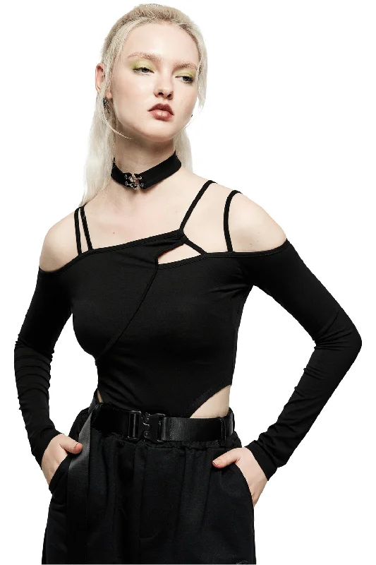 Black Choker Neck Asymmetric Long Sleeves Bodysuit Elegant Bodysuit with Belted Waist