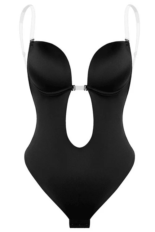 Black Deep V Neck Straps Bodysuit Corset Top Elegant Back Zip Bodysuit