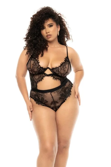 Plus Size Black Sexy Eyelash Lace Bodysuit Teddy Lingerie Stylish Low-Cut Bodysuit