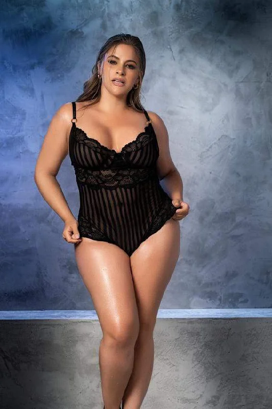 Black Striped Lace Strap Bodysuit (Plus Size) Fashionable Bodysuit with Frill Detail