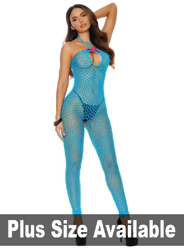 Neon Electric Blue Crochet Fishnet Footless Bodystocking w/ Open Crotch (Plus Size Available) Comfortable Sports Bodysuit