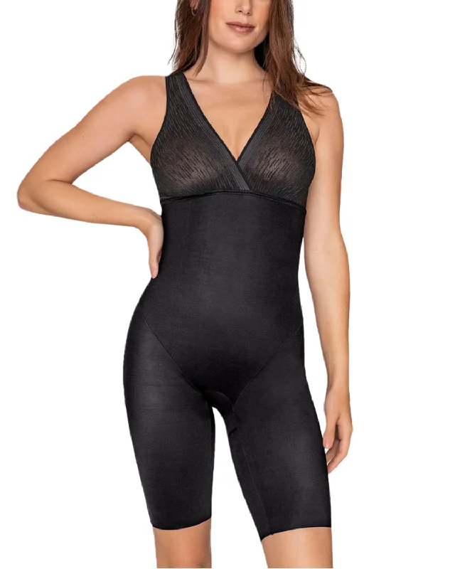 Leonisa Sheer Stripe Detail Sculpting Mid-thigh Bodysuit Shaper - 018525 Comfortable Soft Bodysuit