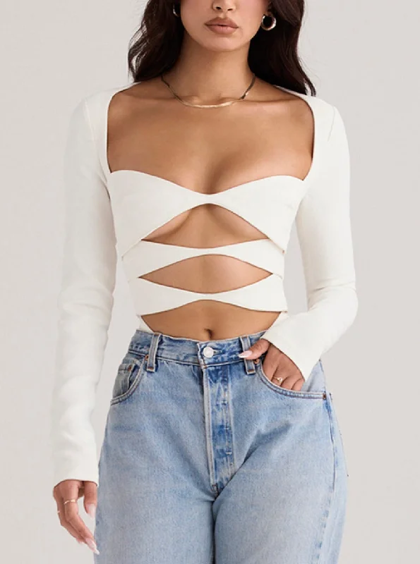 LIELA WHITE CUTOUT BODYSUIT Fashionable Bodysuit for Date Night