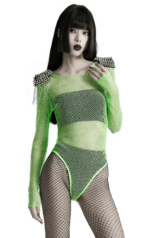 Neon Mesh Bodysuit with Detachable Spike Shoulder Patches Stylish Bodysuit with Adjustable Straps