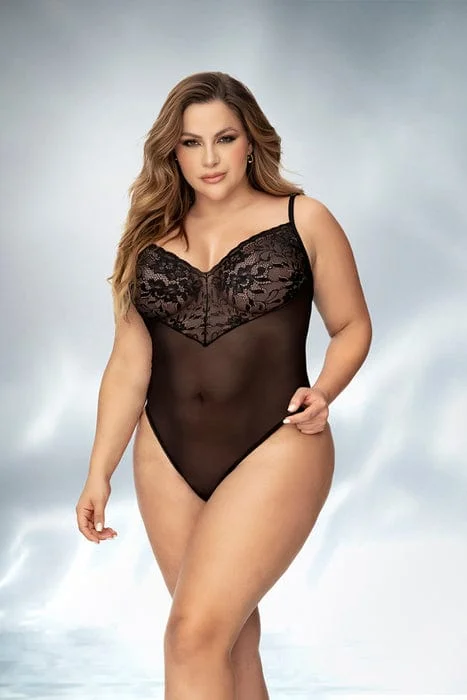 Plus Size Sexy Black Sheer Mesh Floral Lace Bodysuit Lingerie Trendy Sculpting Bodysuit